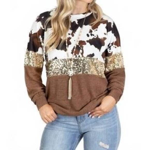 Sunshine & Rodeos Tops - Sunshine & Rodeos Western Brown Cow Print Sequined Crew Long Sleeve Top 2XL NWT